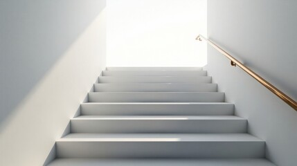 Fototapeta premium Modern Minimalist White Staircase Ascending Towards Light with a Sleek Metallic Handrail