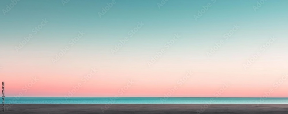 Poster minimal skies idea. a serene view of the horizon blending soft pastel colors of sky and ocean.