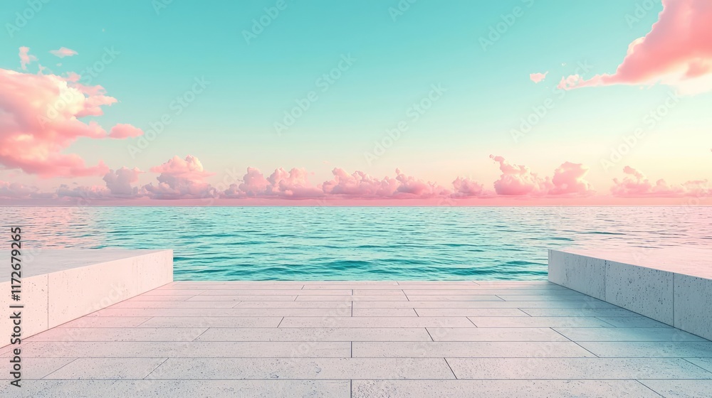 Poster minimal skies concept. serene landscape of a calm ocean at dusk with pink clouds and tranquil waters