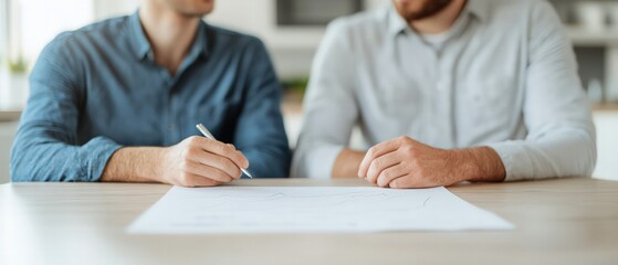 Two individuals are seated at a table, engaging in a discussion while one writes on a document, highlighting collaboration and important decision-making.