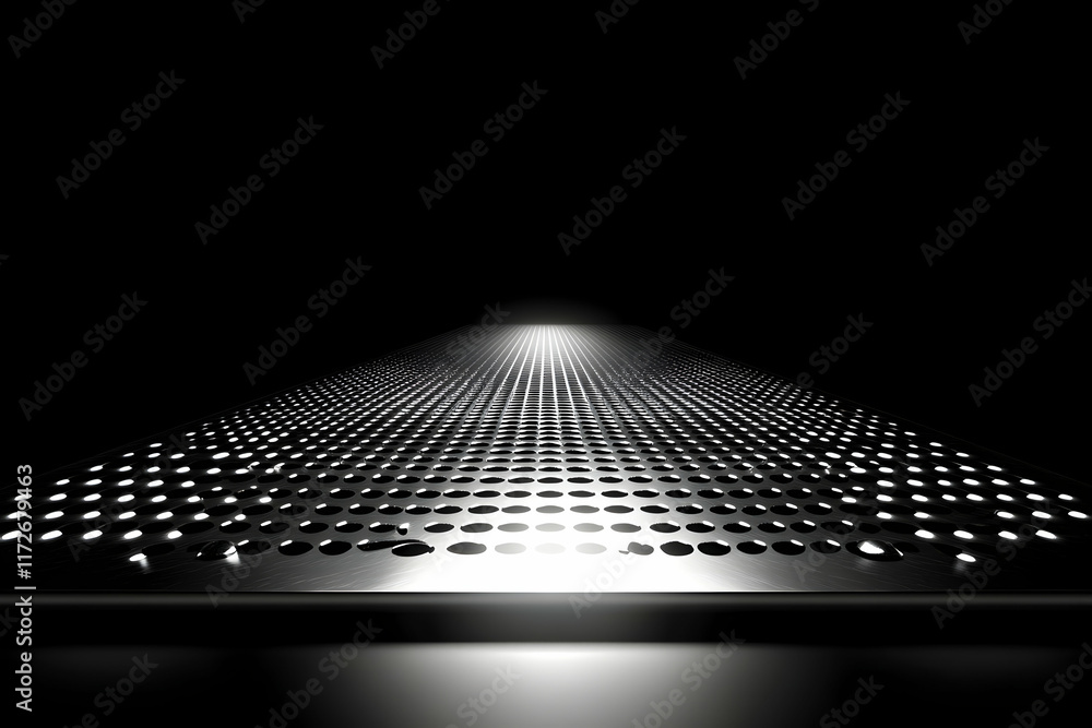 Poster abstract black and white image of a perforated metal surface illuminated from a distant light source