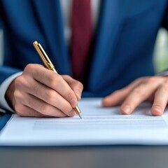 A professional individual in a suit is signing a document with a golden pen, symbolizing business, contracts, and formal agreements.