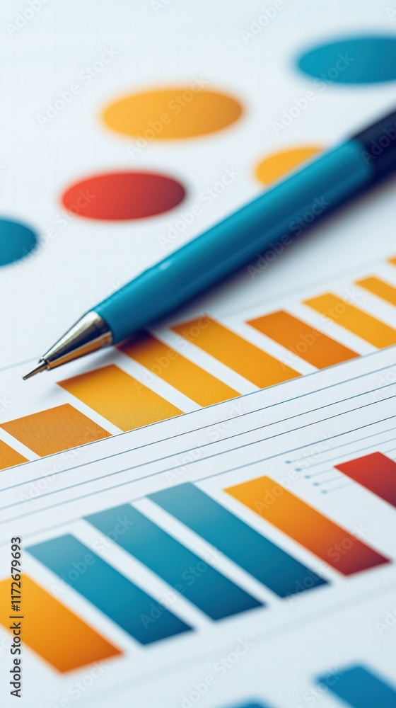 Poster a close-up of colorful charts and a pen on a document, showcasing data analysis with vibrant orange 