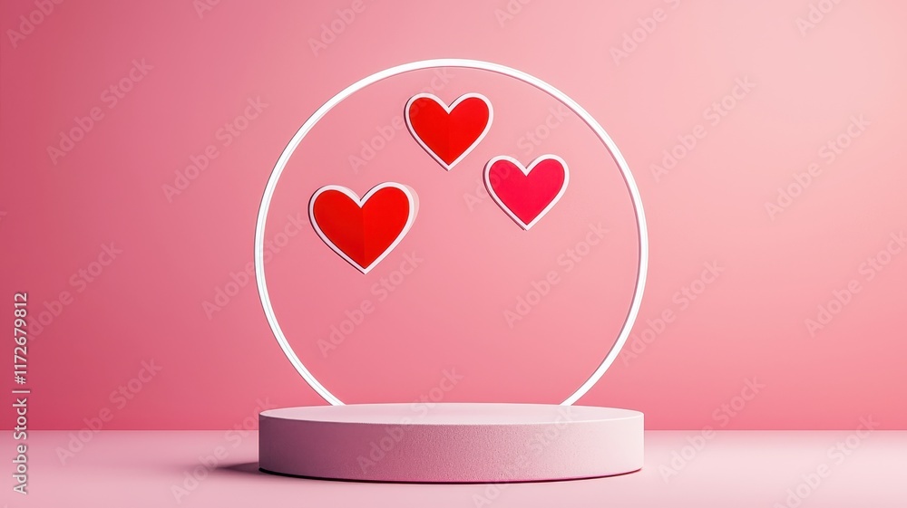 Poster valentine podium and backdrop. three colorful hearts inside a circular frame on a soft pink backgrou