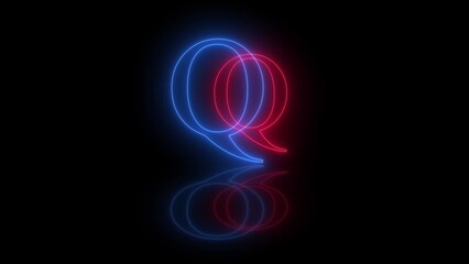 3d Q letter neon blue red flicker and flashes in black background