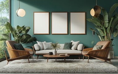 Modern living room, green wall, wooden furniture, plants, sunlight. Use Interior design inspiration.