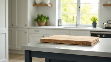 Rustic wooden cutting board on a sleek kitchen counter top, showcasing a bright and airy kitchen design