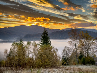 The landscape of Carpathian Mountains in the sunny weather. Perfect weather condition in the autumn season