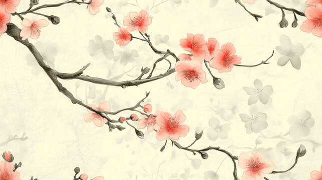Cherry blossom flower with seamless pattern in chinese painitng style.