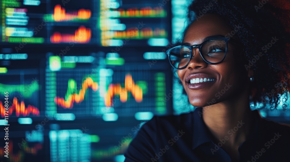 Poster a professional woman smiles while analyzing financial data on a digital screen, showcasing confidenc