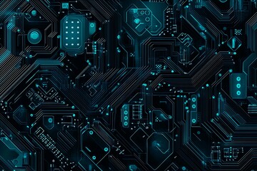 Abstract close-up of a glowing blue digital circuit board, showcasing intricate connections and technological design on a black background.
