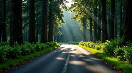 Fototapeta premium Sunbeams illuminate a winding road through a lush green forest of tall trees, creating a picturesque and serene atmosphere