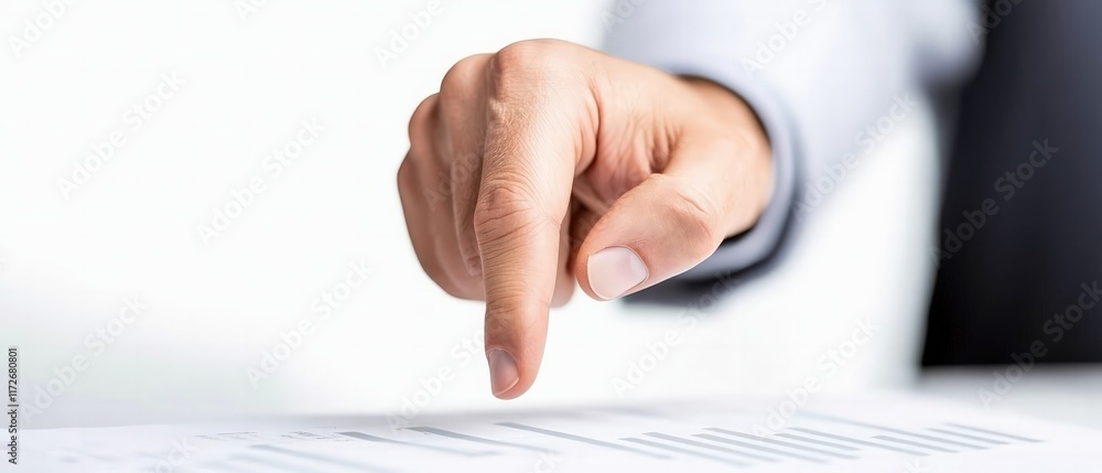 Poster a close-up of a hand pointing at a document, suggesting emphasis or guidance in a professional conte