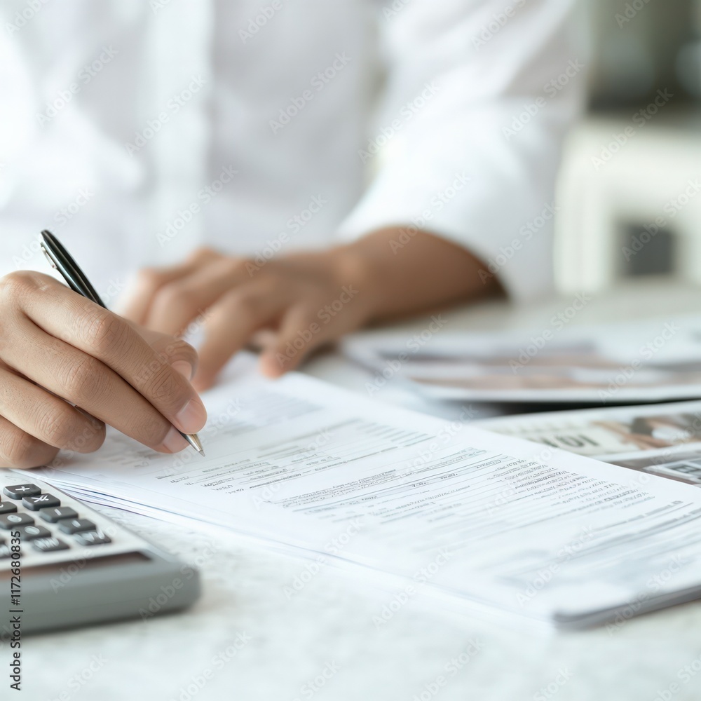 Poster a person writes on documents while using a calculator, suggesting tasks related to finance or accoun
