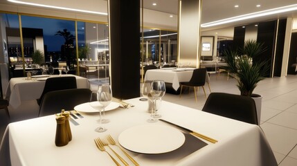 Elegant restaurant interior with tables set for dining.