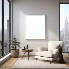 Modern Living Room Mockup White Armchair Empty Frame NYC View