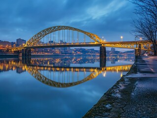 Naklejka premium Beautiful skyline at dusk with a graceful bridge arching over the water creating a stunning reflection