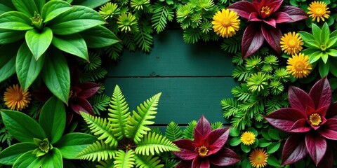 Lush Green Foliage and Vibrant Blossoms Arranged Around a Dark Wooden Background