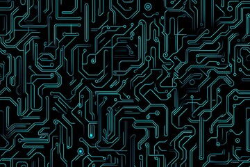 Abstract close-up of a glowing blue digital circuit board, showcasing intricate connections and technological design on a black background.
