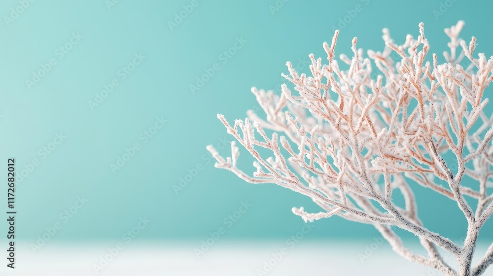 Poster minimal skies idea. delicate tree branches against a soft turquoise background, evoking tranquility 