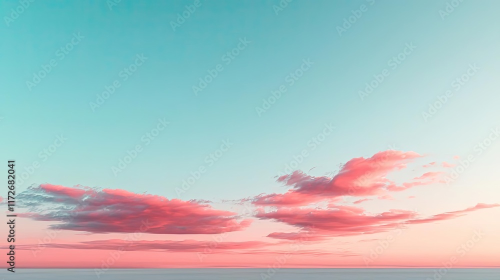 Poster minimal skies idea. a beautiful gradient sky featuring soft clouds at dawn, blending pink and blue h