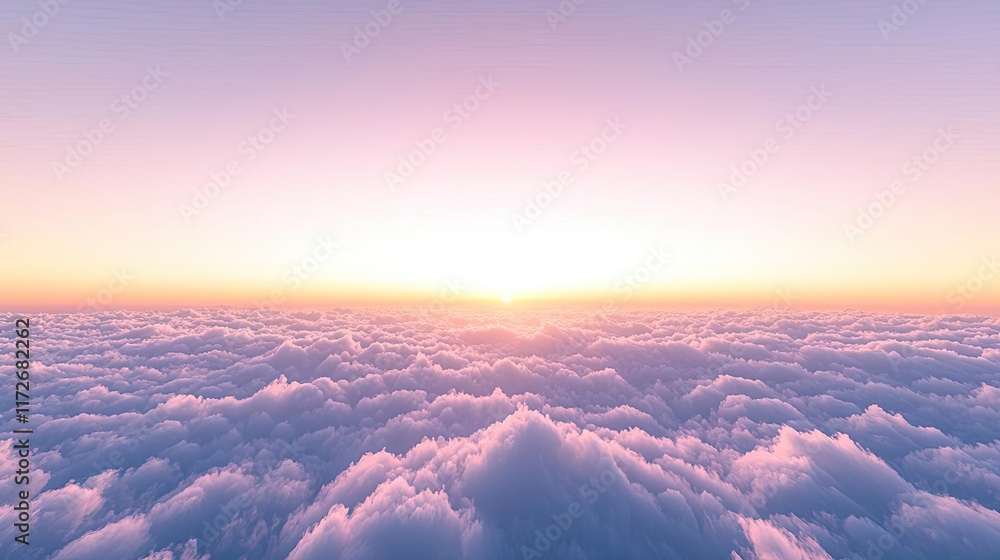Poster minimal skies concept. a serene sunset view above soft clouds, blending pastel hues in the sky.