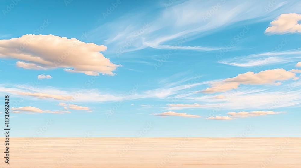 Poster minimal skies idea. vast open landscape with clear blue sky and soft white clouds, ideal for serene 