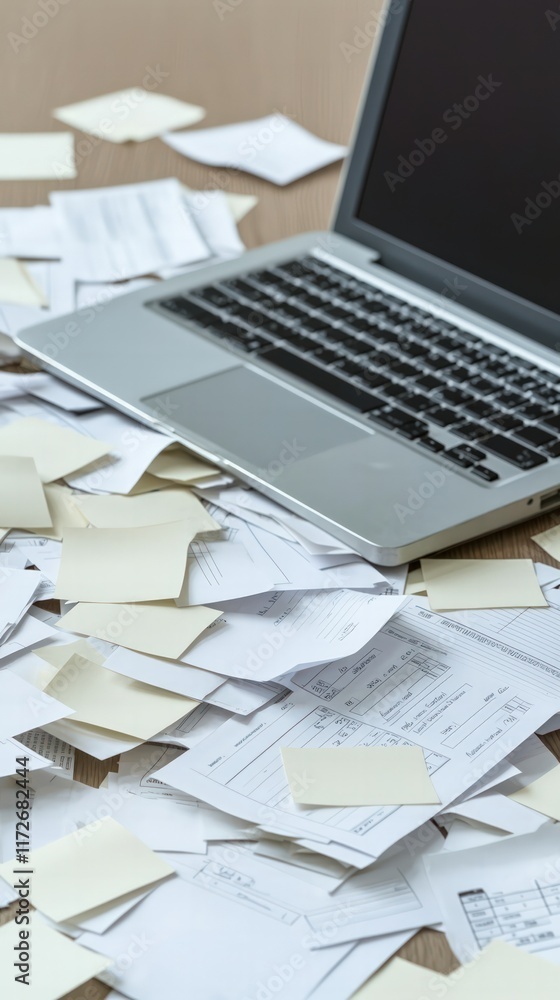 Poster a cluttered workspace featuring a laptop surrounded by scattered papers and sticky notes, representi
