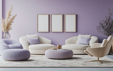 Lavender living room interior design, modern furniture, cozy atmosphere, peaceful background, home decor.