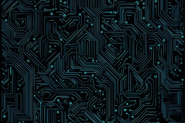 Abstract close-up of a glowing blue digital circuit board, showcasing intricate connections and technological design on a black background.
