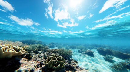 Obraz premium Underwater scene showcasing vibrant coral reefs and clear water.