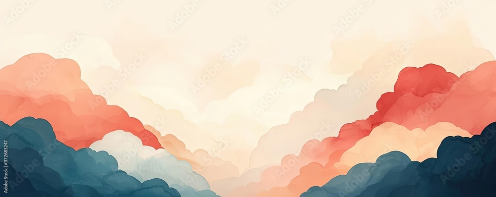 Poster minimal skies idea. a serene depiction of mountains and clouds in soft pastel hues, evoking tranquil