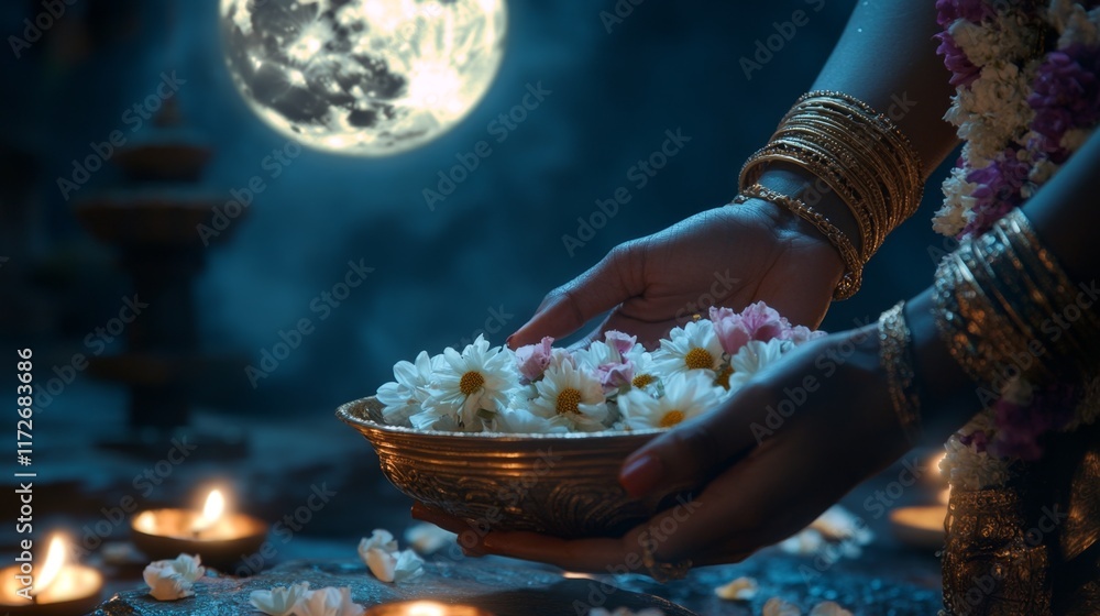 Canvas Prints hands offering flowers under the full moon in a serene setting