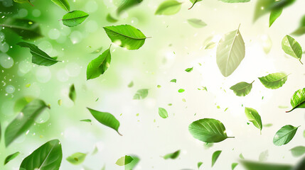 A serene 3D illustration of flying green leaves illuminated by gentle sunbeams, creating a vibrant and peaceful nature effect. Perfect for backgrounds, environmental concepts, and spring themes.