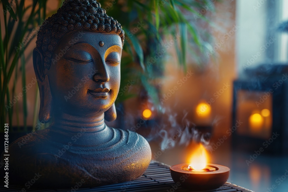 Poster buddha statue with candle and incense creating a serene atmosphere in a calm space