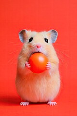A cute hamster holding a small orange ball against a bright red background.