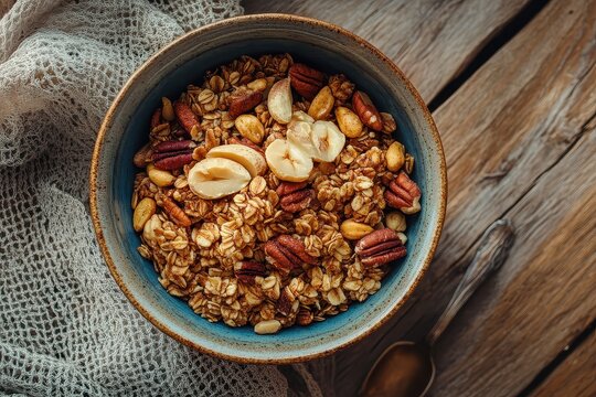 Healthy homemade granola with nuts and banana slices in a bowl on wooden table