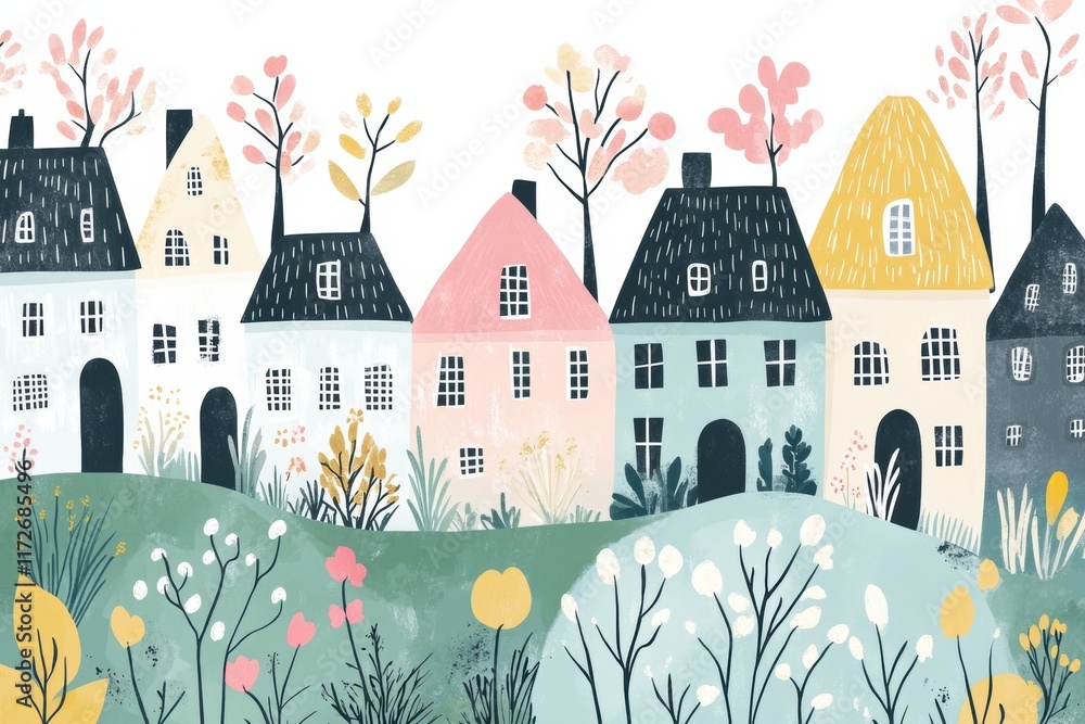 Poster playful doodle of colorful houses with vibrant trees and flowers in a whimsical landscape setting. g