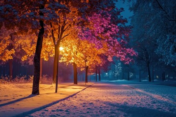 Winter evening walk through a snow-covered park illuminated by colorful streetlights