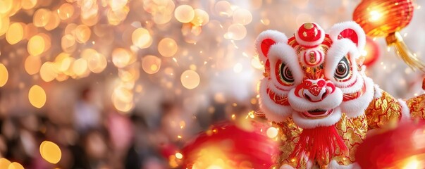 Fototapeta premium Chinese new year A lion dance parade leading a crowd beneath glowing firecrackers, vibrant red and gold elements capturing the festive spirit