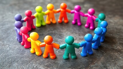 Obraz premium Unity. Colorful similar plasticine figures in a circle holding hands. Community. Group support and solidarity. Wooden toy characters standing together