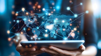A person holds a tablet displaying a digital world map with interconnected nodes, symbolizing global networking, technology, and data connectivity.