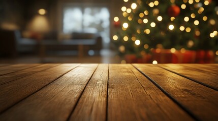 Wooden Table in Cozy Living Room with Christmas Tree and Holiday Decor