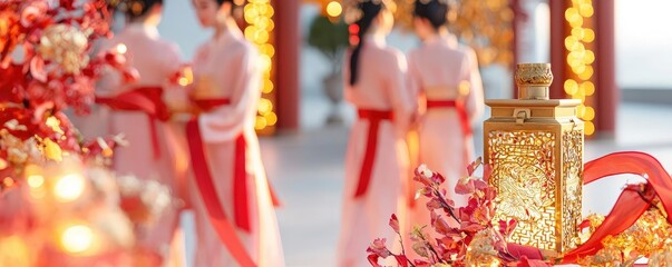 Naklejka premium Chinese new year traditional clothing concept. Women in traditional Chinese attire walking through a historic gate adorned with glowing red ribbons and golden decorations