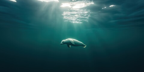 Obraz premium magical underwater view of a white seal pup swimming gracefully beneath the frozen surface of a northern lake