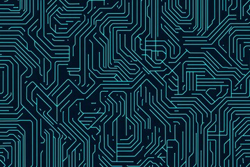 Abstract close-up of a glowing blue digital circuit board, showcasing intricate connections and technological design on a black background.
