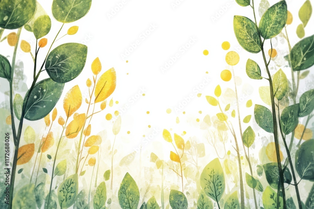 Poster bright and playful doodle showcasing green leaves and vibrant yellow circles in a whimsical forest s