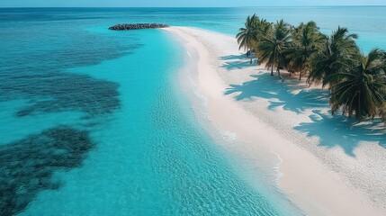 Aerial View of Tropical Beach on a Sunny Day with Clear Water and Palm Trees in a Scenic Landscape Captured from High Angle Perspective