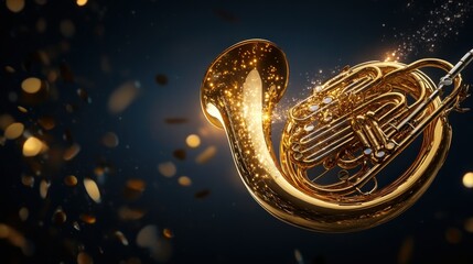 A golden French horn glistening under spotlight during a climactic symphonic moment