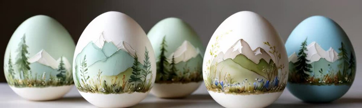 Easter eggs painted with serene mountain landscapes, pine trees, and wildflowers. Nature, tourism, hiking concept. Handmade craft DIY. Easter Banner